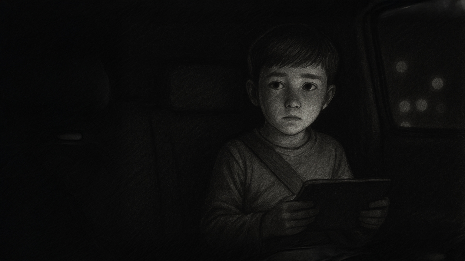 Charcoal animatic — child with tablet in backseat