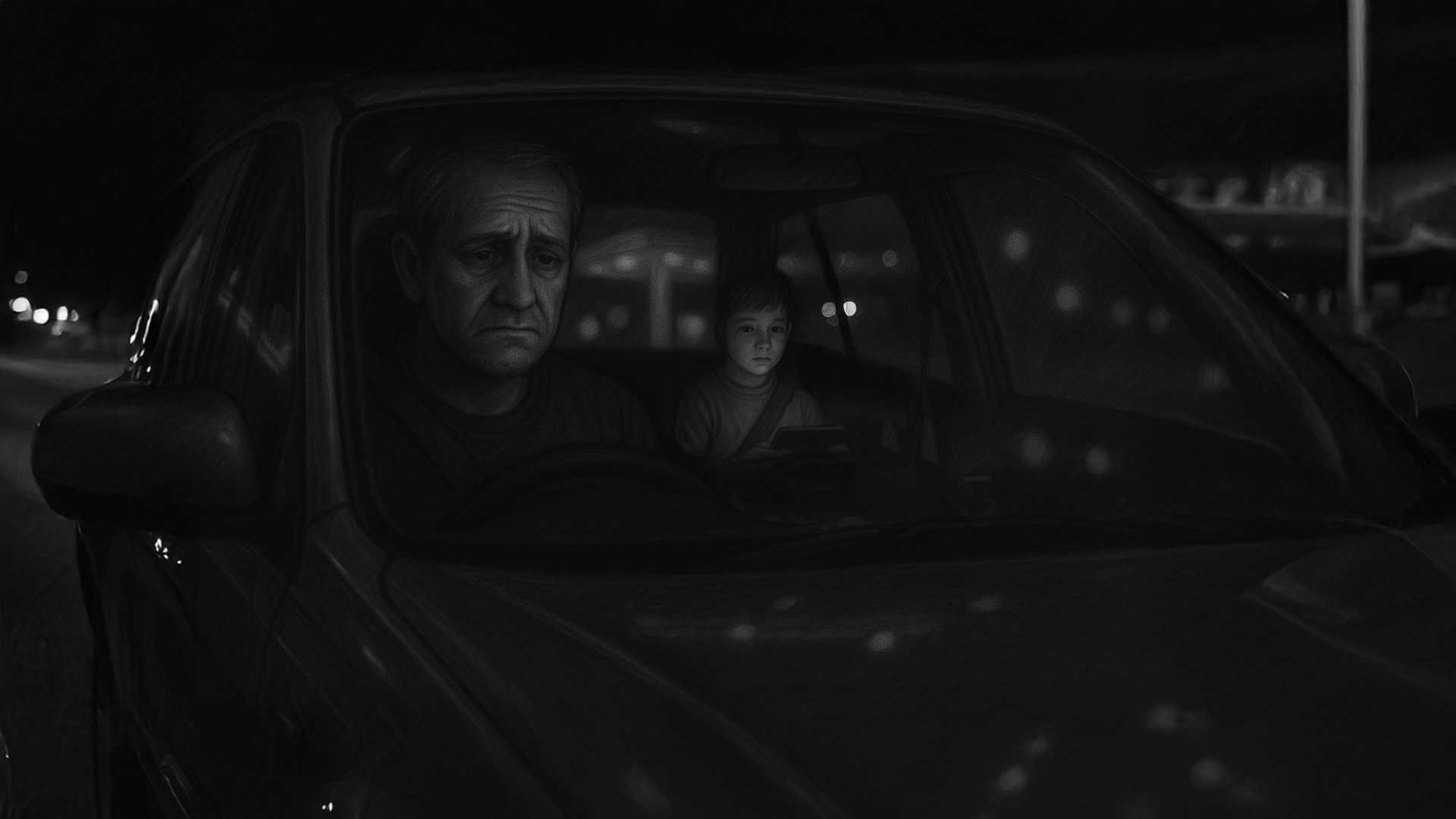 Charcoal animatic drawing of father and child seen through a car windshield at night