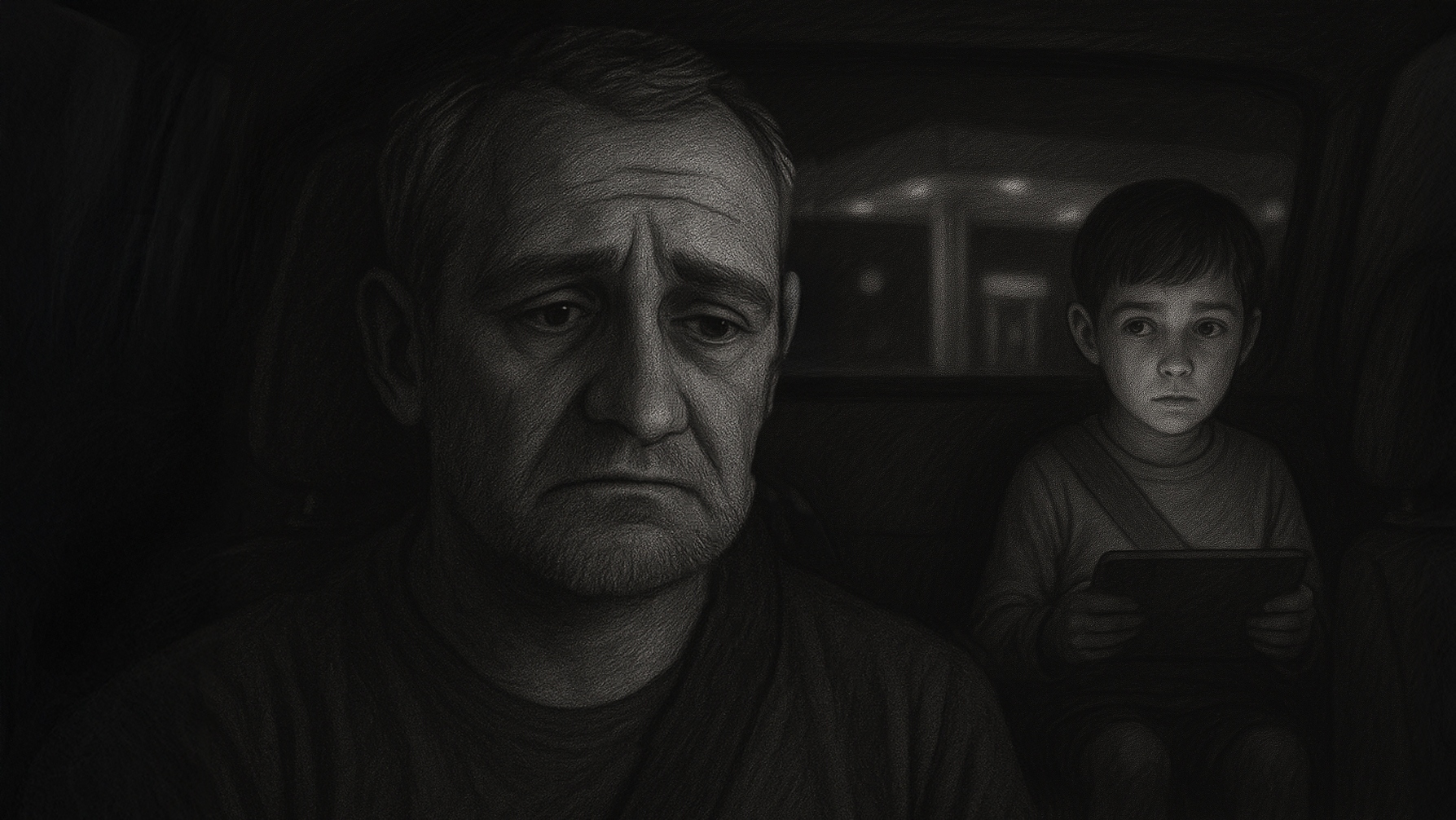 Charcoal animatic — father close-up, worried expression