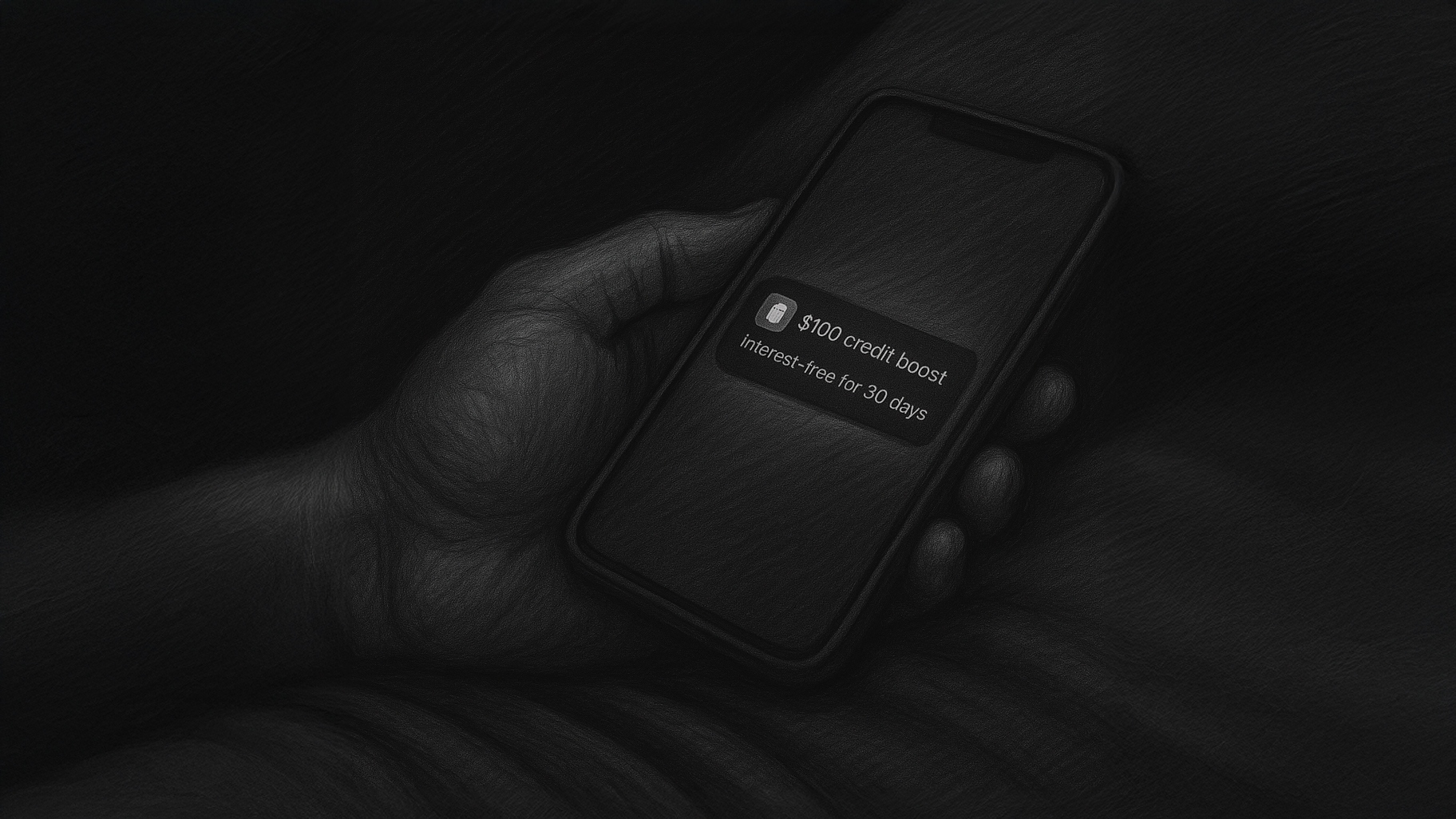Charcoal drawing of hand holding phone with $100 credit notification
