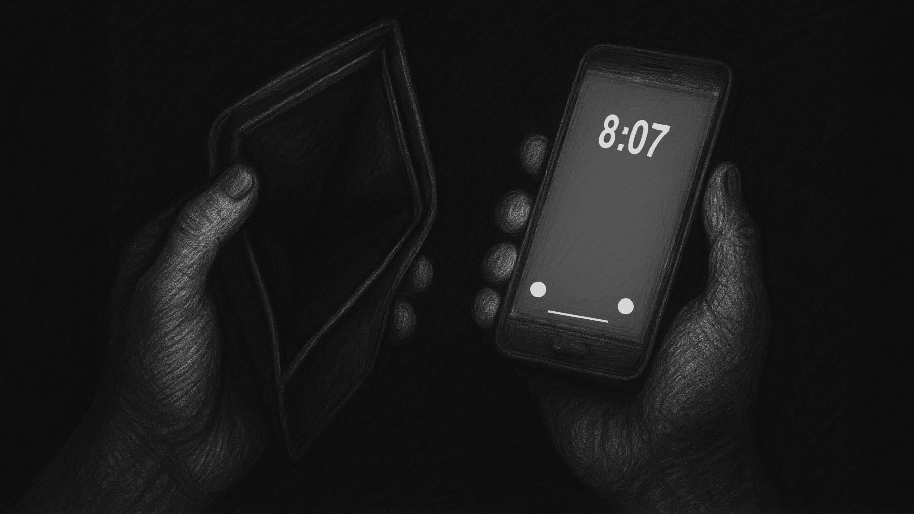 Charcoal drawing of hands holding wallet and phone