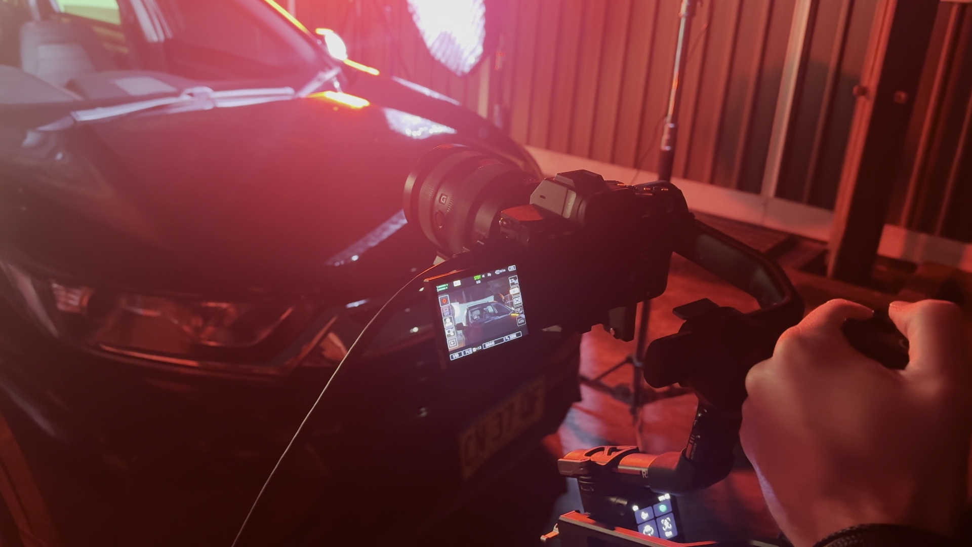 Close-up of camera rig and monitor